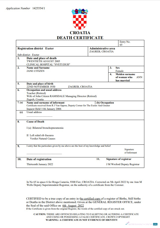 Download Croatia vital record death certificate Word and PDF template Photoshop template